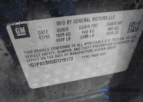 2013 Chevrolet Cruze Ls Auto from USA, damaged, VIN 1G1PA5SH9D7216172